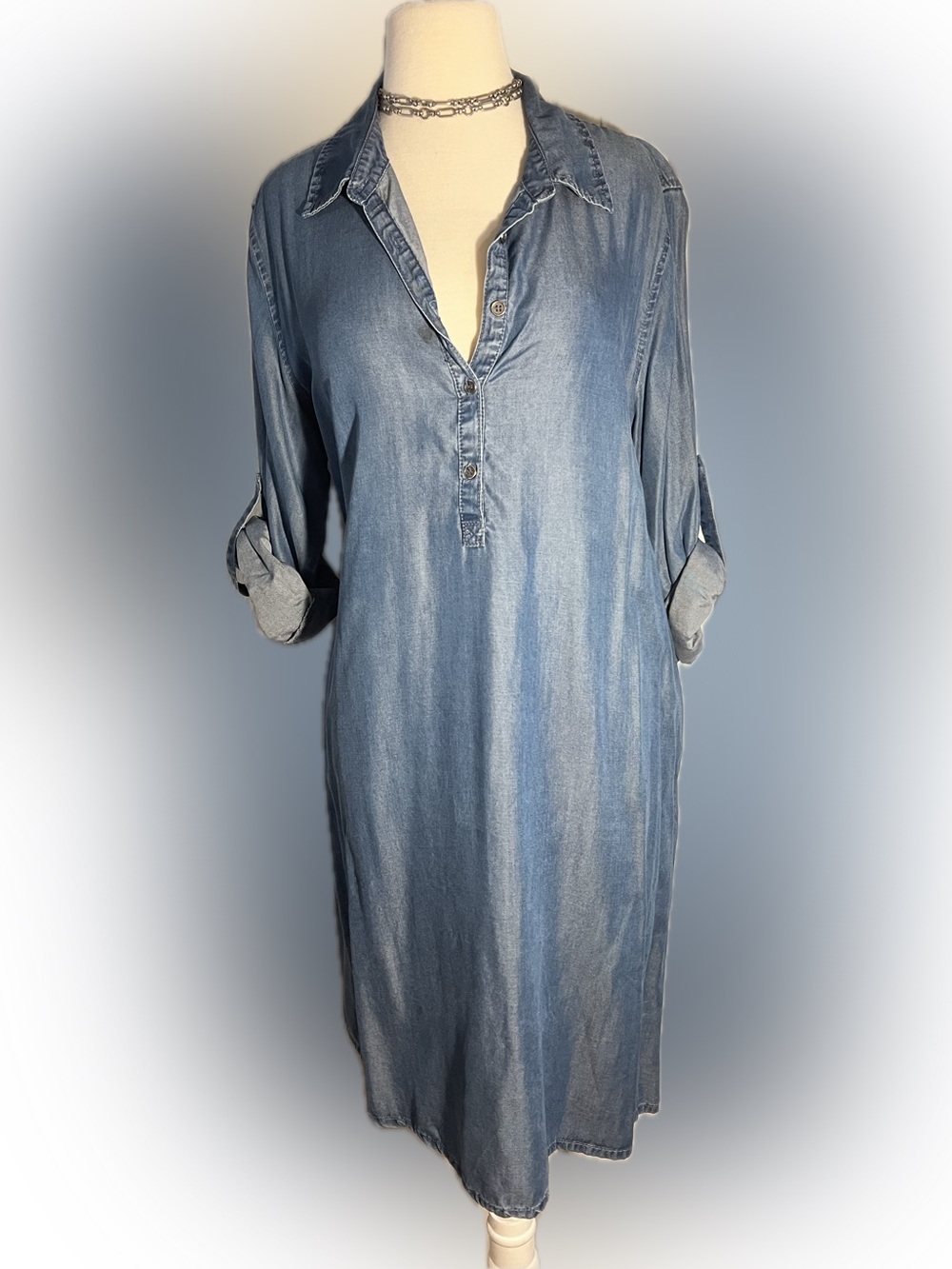 MATCH POINT lyocell chambray shirt dress w/on-seam pockets/roll sleeves-flaws